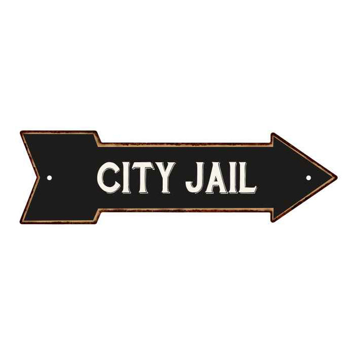 Distressed vintage City Jail right-arrow metal sign with bold lettering for man cave and game room decor