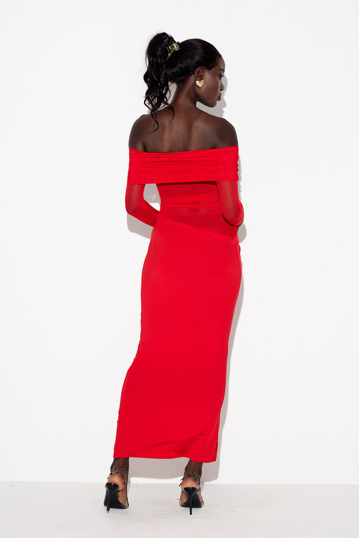 Earline Off Shoulder Ruch Mesh Maxi Dress In Red
