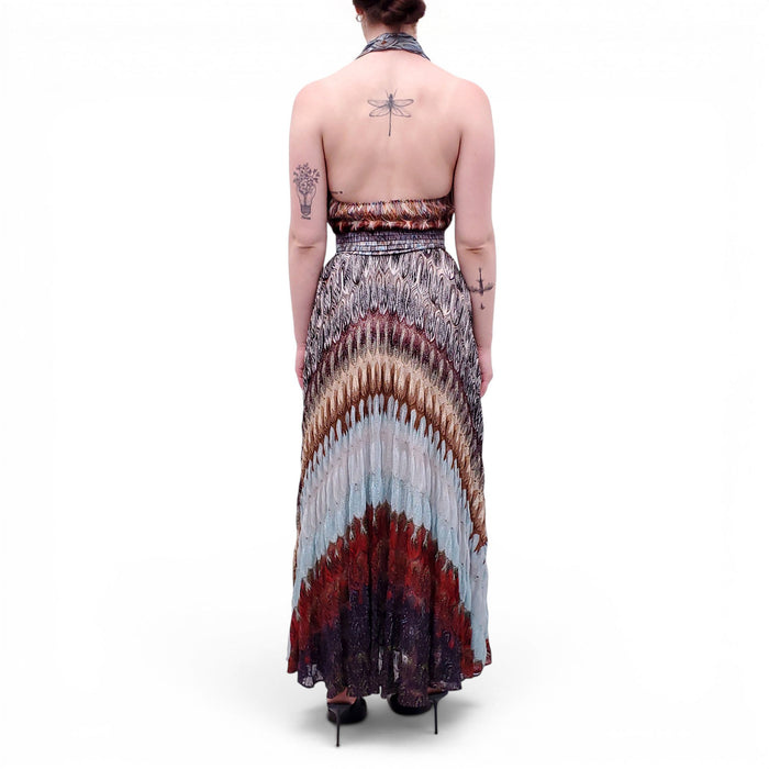 MISSONI MULTICOLOURED WRAP EFFECT CROCHET-KNIT HALTER MAXI DRESS - SIZE 40