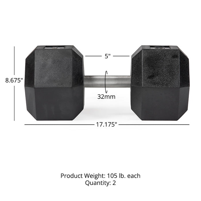 105 LB Straight Stainless Steel Hex Dumbbells