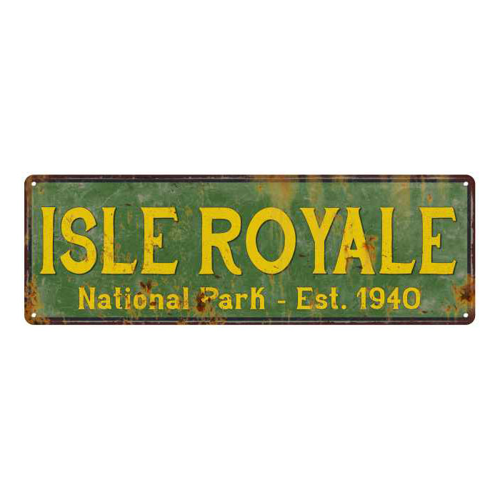 Isle Royale National Park rustic metal sign with distressed vintage lettering, ideal for cabin or lodge wall decor