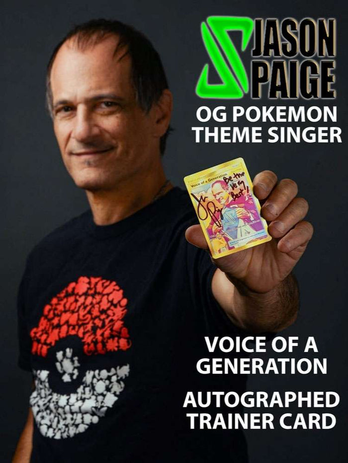 Jason Paige holding A Autographed Voice Of A Generation Holographic Trainer Card