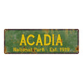 Acadia National Park rustic metal sign with distressed vintage lettering, ideal for cabin or lodge wall decor