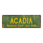 Acadia National Park rustic metal sign with distressed vintage lettering, ideal for cabin or lodge wall decor