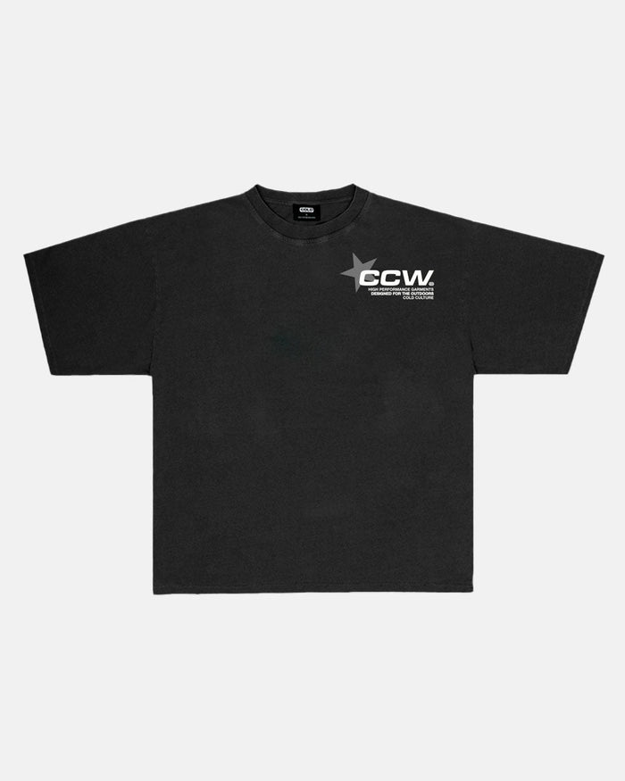 ASTRO TEE BLACK - black star print tee, front view - Cold Culture