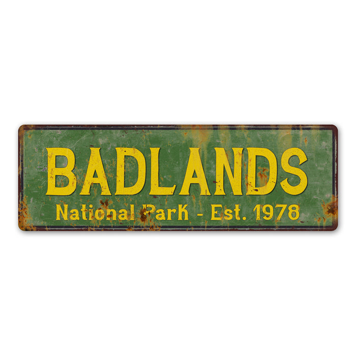 Badlands National Park rustic metal sign with distressed vintage lettering, ideal for cabin or lodge wall decor