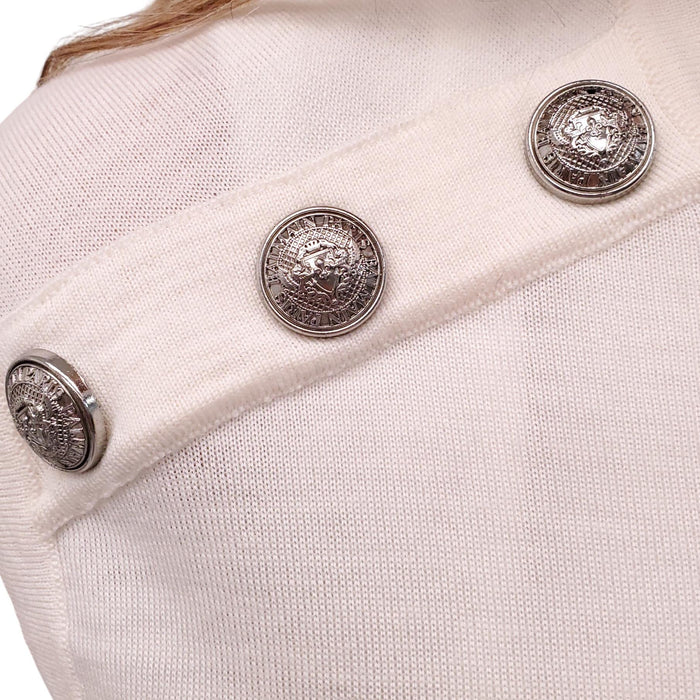 BALMAIN CREAM AND SILVER STRIPED SWEATER VEST WITH LOGO BUTTONS - SIZE 38