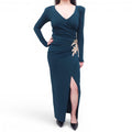 BALMAIN TEAL GOWN WITH EMBELLISHED FLOWER DETAIL - SIZE 38