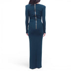 BALMAIN TEAL GOWN WITH EMBELLISHED FLOWER DETAIL - SIZE 38