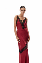 Bess Lace Plunge Satin Maxi Dress In Red