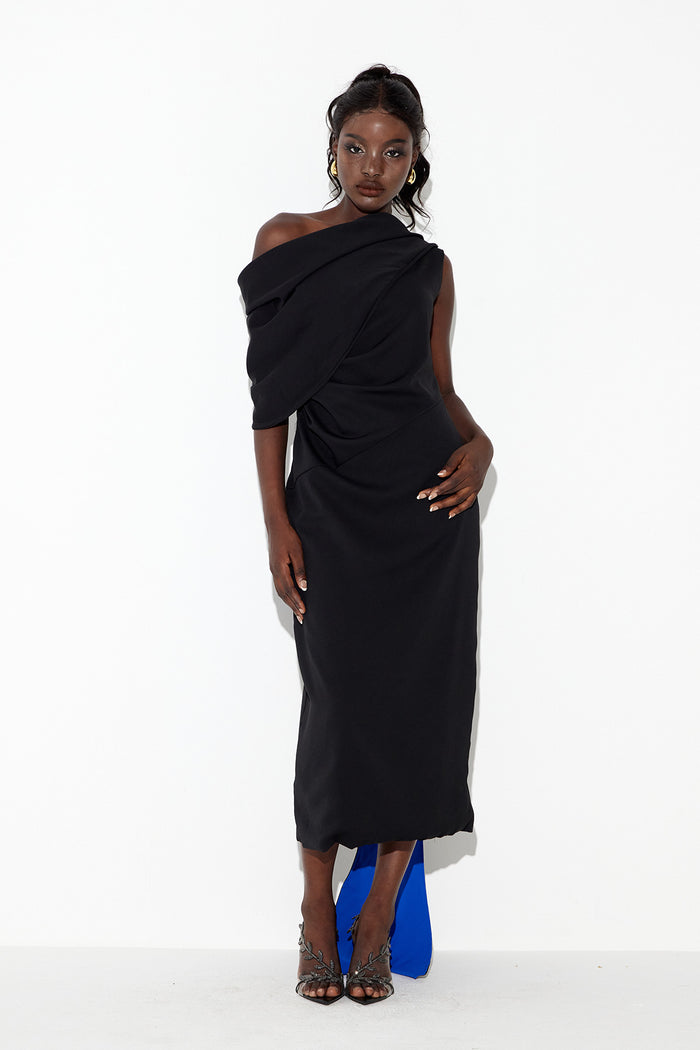 Candidus Shawl Ruch Asymmetric Midi Dress In Black