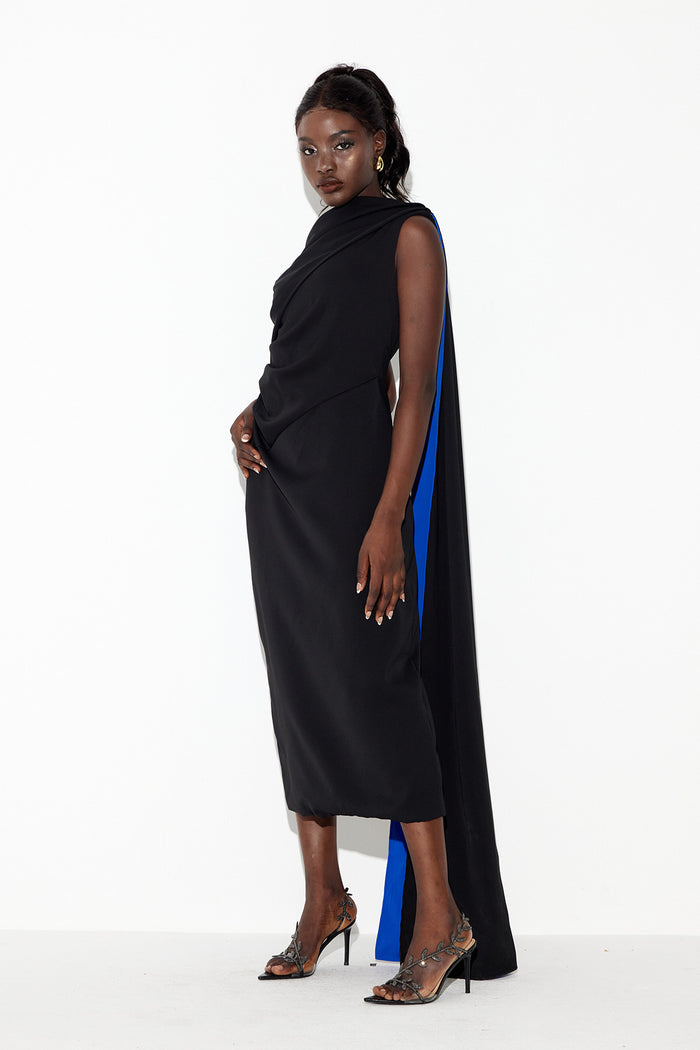Candidus Shawl Ruch Asymmetric Midi Dress In Black