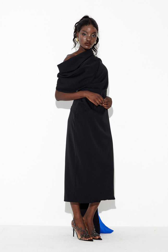 Candidus Shawl Ruch Asymmetric Midi Dress In Black
