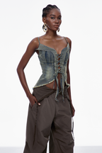 Carl Lace Up Fringe Denim Top