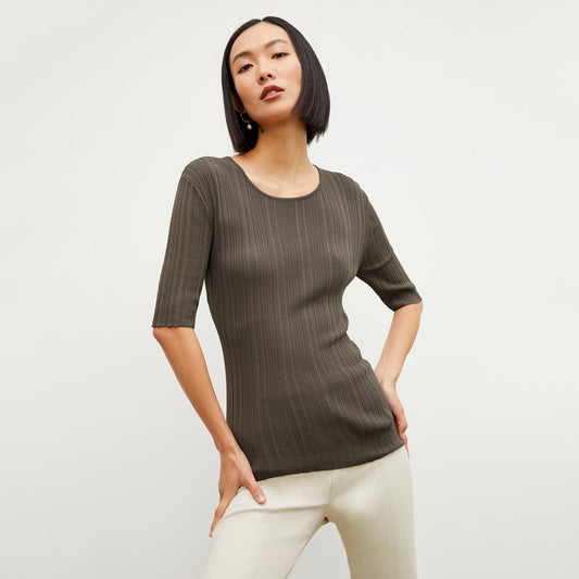 Front image of a woman wearing the Charli Top - Textured Knit in Light Ash | Lead