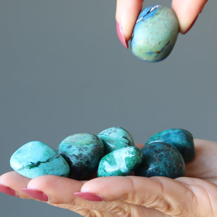 hand holding Chrysocolla Tumbled Stones