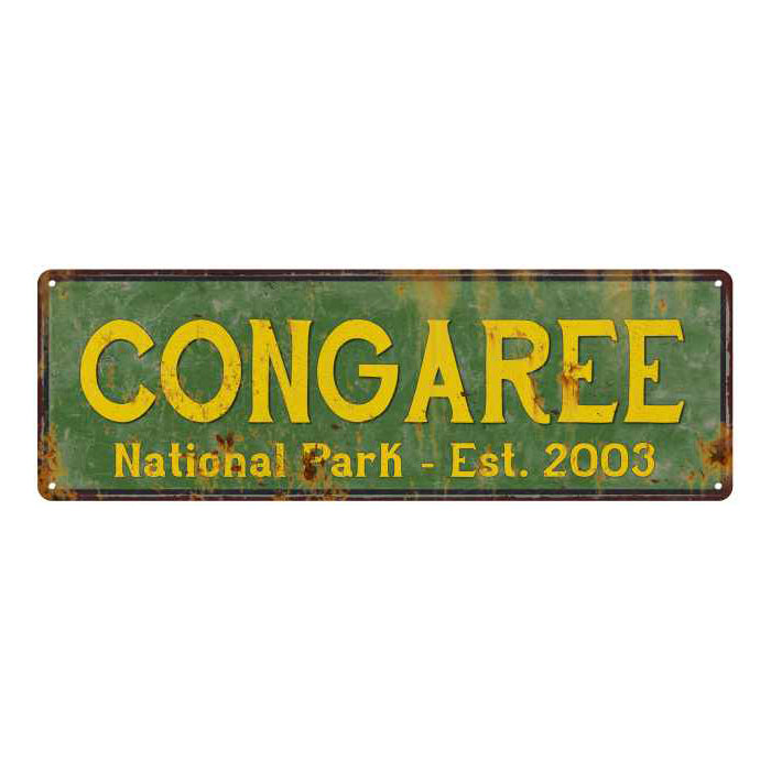 Congaree National Park rustic metal sign with distressed vintage lettering, ideal for cabin or lodge wall decor