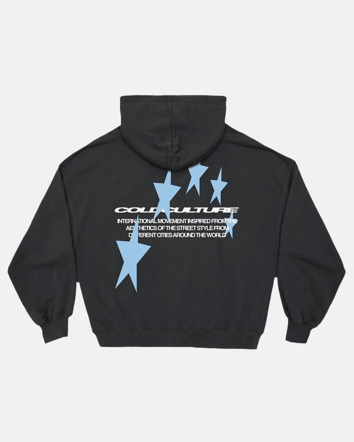 COSMOS ARC HOODIE INDIA INK - washed black star print hoodie, back view - Cold Culture