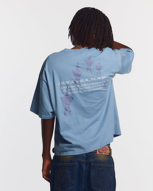 COSMOS ARC TEE SHADY BLUE - light blue oversized tee, back view on male model - Cold Culture #man