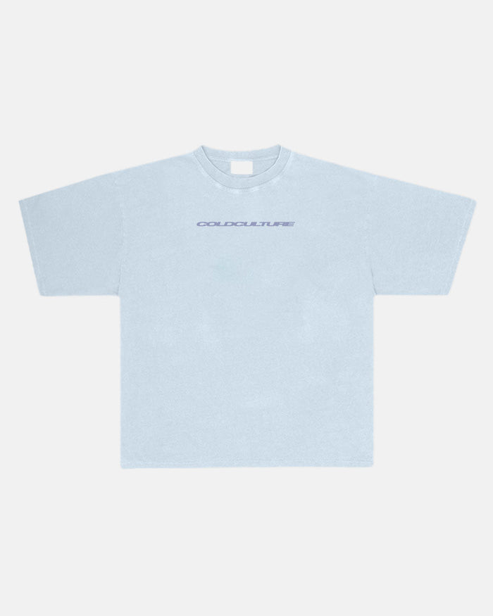 COSMOS ARC TEE SHADY BLUE - light blue oversized tee, front view - Cold Culture