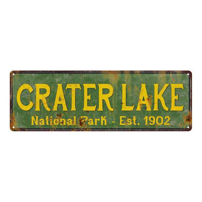 Crater Lake National Park rustic metal sign with distressed vintage lettering, ideal for cabin or lodge wall decor