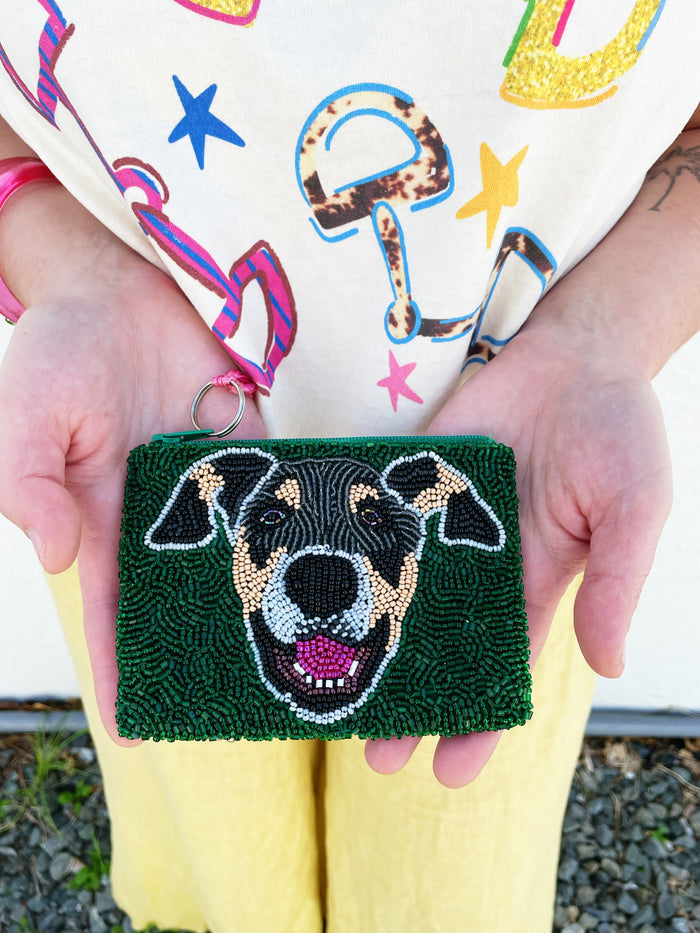 Custom Beaded Dog Coin Purse - one side pet one side solid beading