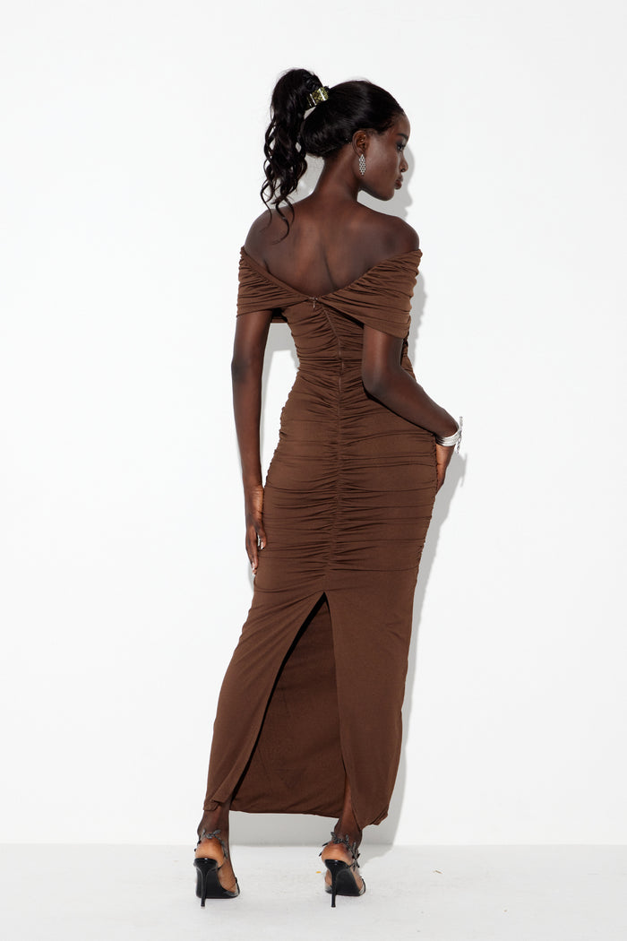 Danai Cutout Ruch Maxi Dress In Brown