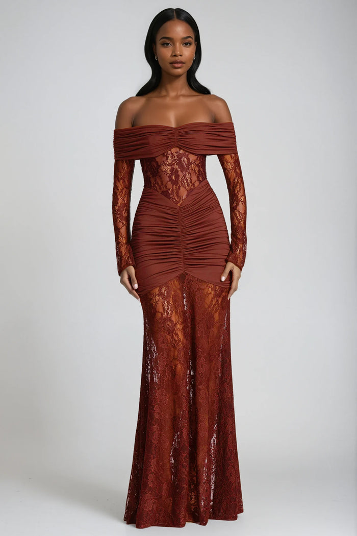Darlene Strapless Ruch Lace Maxi Dress