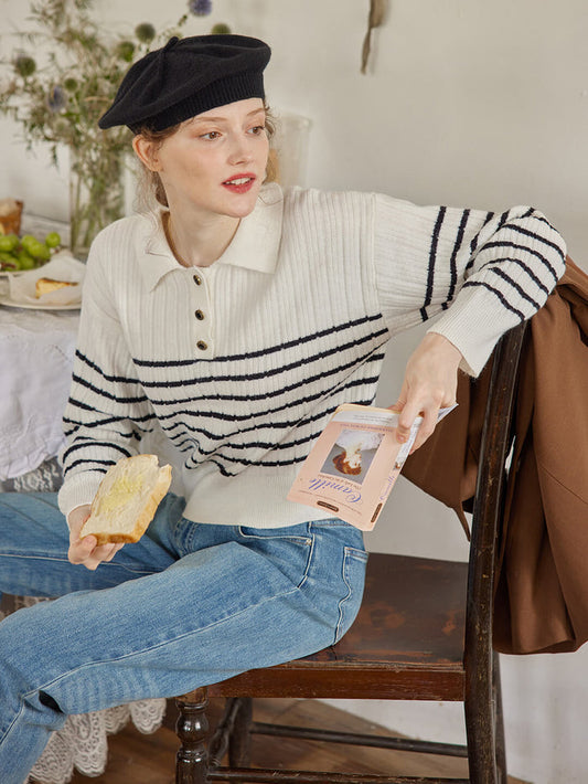 Davian Striped White Polo Knit Top/simple retro