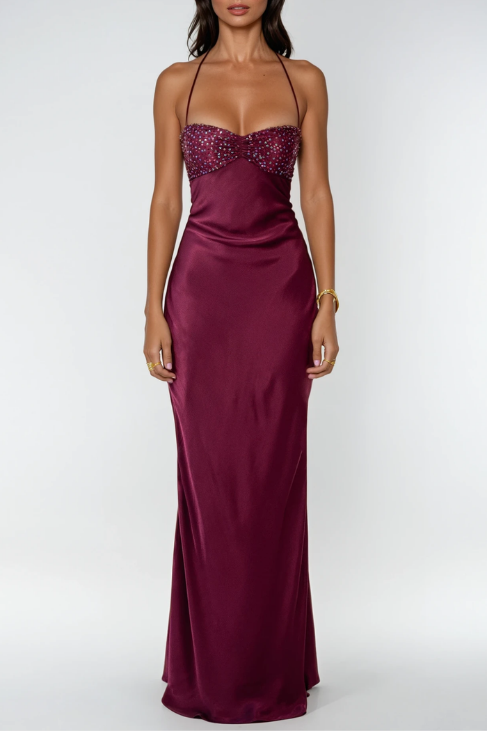 Davlat Halter Neck Sequin Satin Maxi Dress In Purple