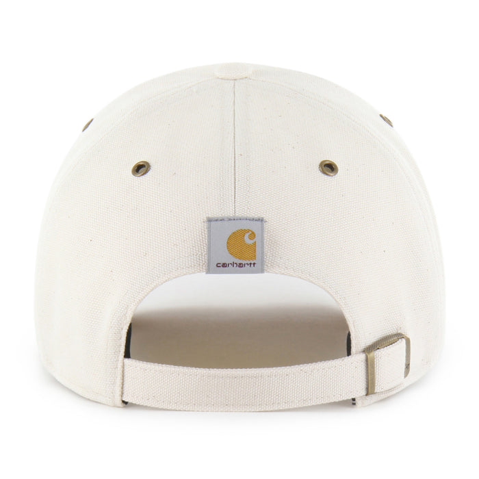 The back of a Carhartt snapback cap in off-white canvas, featuring the brand's signature square patch above the adjustable strap closure.