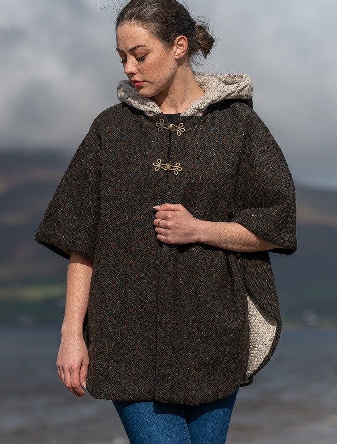Donegal Tweed Cape with Aran Collar - Army Green #color_army-green