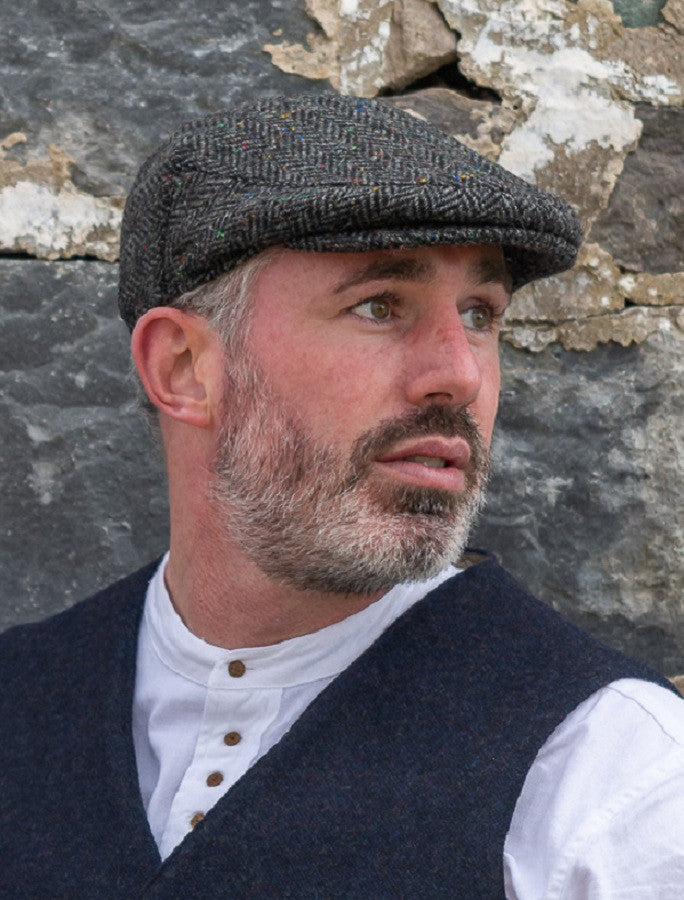 Tweed Herringbone Flat Cap - Charcoal #color_charcoal