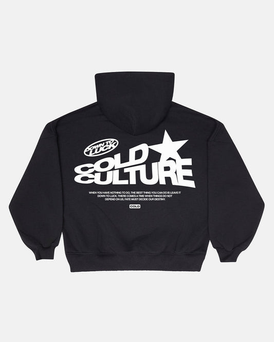 DOWN TO LUCK HOODIE BLACK AND WHITE - black graphic print hoodie, back view - Cold Culture