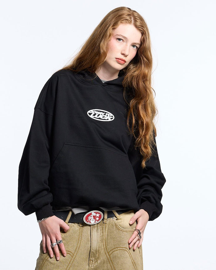 DOWN TO LUCK HOODIE BLACK AND WHITE - black graphic print hoodie, front view on female model - Cold Culture #woman