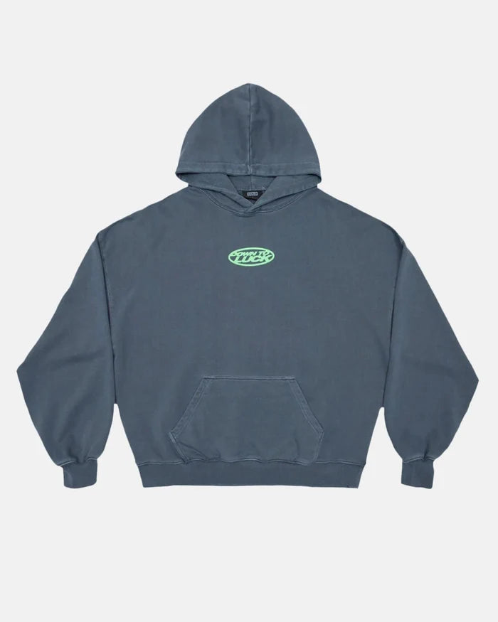 DOWN TO LUCK HOODIE - washed navy graphic print hoodie, front view - Cold Culture