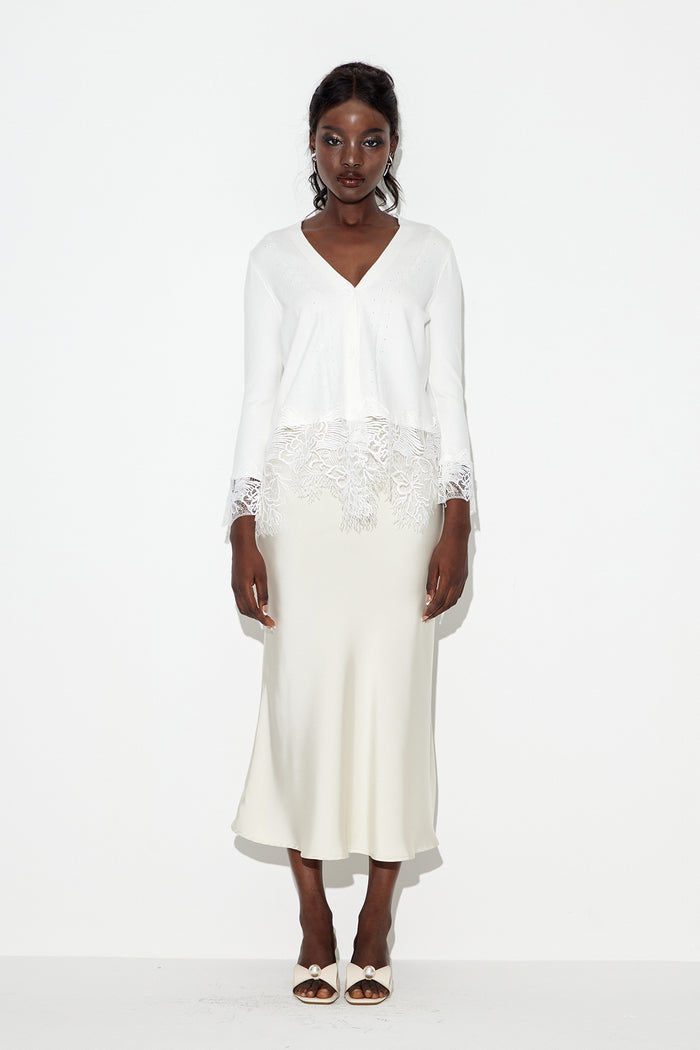Eadred Lace Plunge Knit Top In White