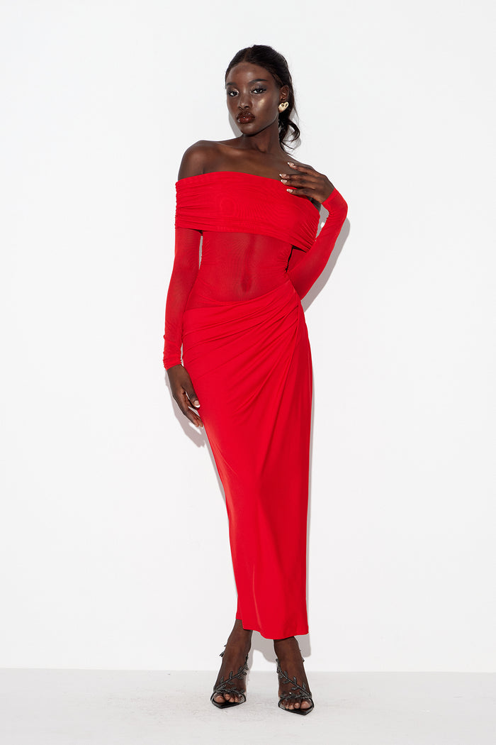 Earline Off Shoulder Ruch Mesh Maxi Dress In Red