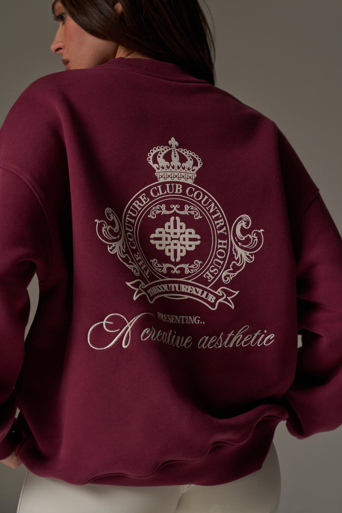 EMBROIDERED CREST OVERSIZED SWEATSHIRT - BURGUNDY