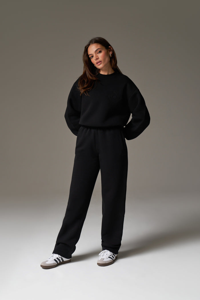 EMBROIDERED CREST RELAXED JOGGERS - BLACK