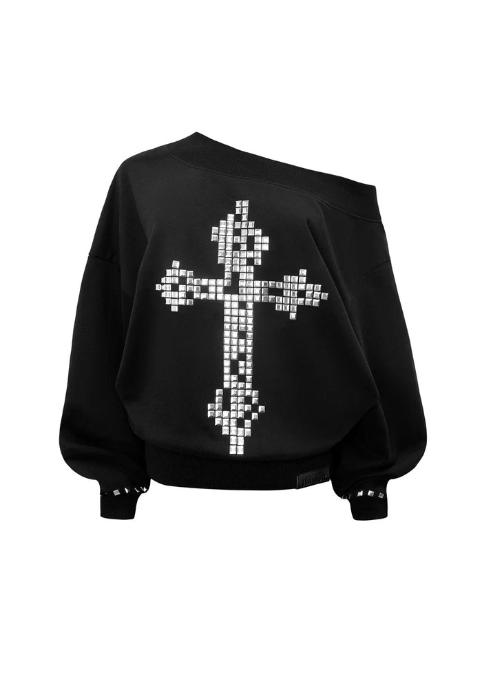 FAITHFUL STUDDED OFF THE SHOULDER SWEATER BLACK