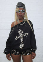 FAITHFUL STUDDED OFF THE SHOULDER SWEATER BLACK