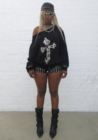 FAITHFUL STUDDED OFF THE SHOULDER SWEATER BLACK