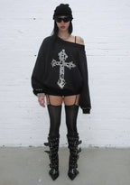 FAITHFUL STUDDED OFF THE SHOULDER SWEATER BLACK