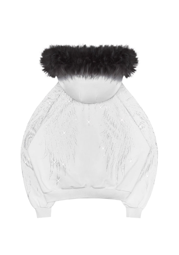 Back view of a white hoodie featuring a detachable black fur trim and an all-over rhinestone wing design.
