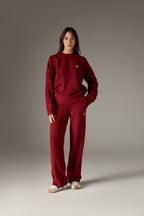FLUFFY KNIT EMBLEM EMBROIDERED CREW - BURGUNDY
