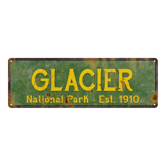 Glacier National Park rustic metal sign with distressed vintage lettering, ideal for cabin or lodge wall decor