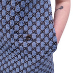 GUCCI BLUE TWEED MONOGRAM SHORT-SLEEVE DRESS WITH LOGO BUTTONS - SIZE 40
