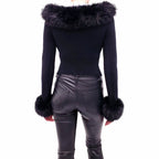 GUIZIO BLACK CROPPED FAUX FUR CARDIGAN - SIZE L