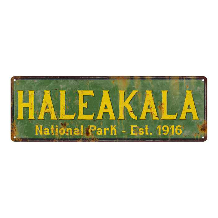 Haleakala National Park rustic metal sign with distressed vintage lettering, ideal for cabin or lodge wall decor